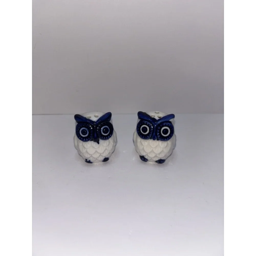 Vintage Blue & White Ceramic Owl Salt and Pepper Shakers Pair Mid Century Style